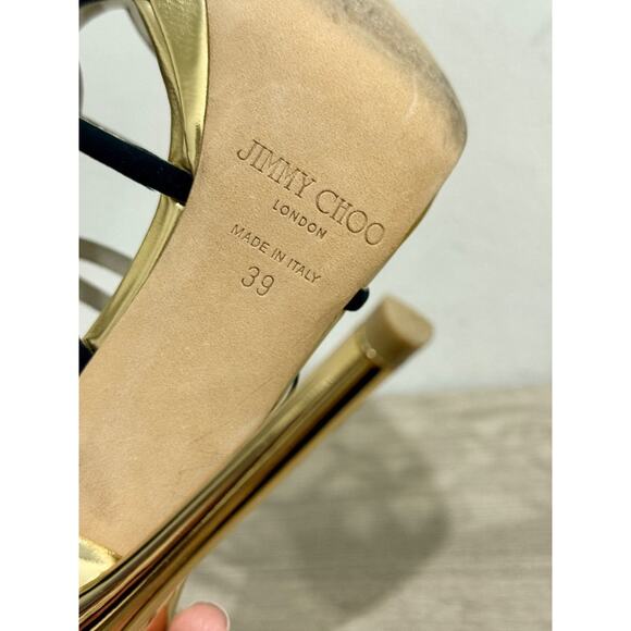 Jimmy Choo Bunting Caged Metallic Leather Strappy Heeled Sandals Black/Gold 39/9 - Picture 6 of 7